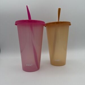 Zak! Reusable Tumblers Cups w/ Lids & Straws Set of 2 Pink Orange Kids Drinkware